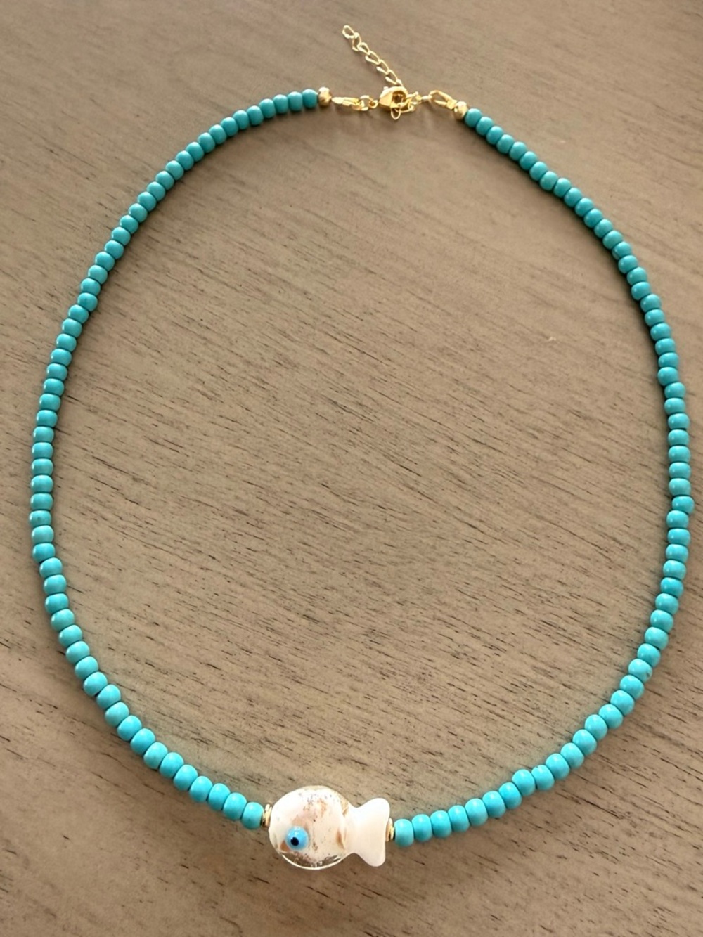 Turquoise Beaded Necklace with White Glass Fish Accent